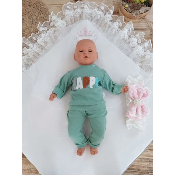 Yenidoğan Teri Cotton Taç Nakışlı Prizma Taş Kundak Bebek Battaniyesi