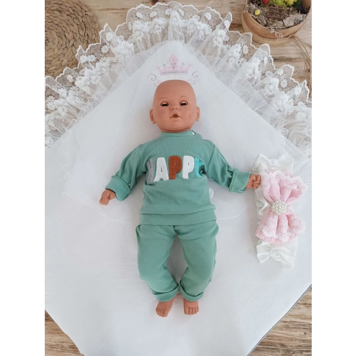 Yenidoğan Teri Cotton Taç Nakışlı Prizma Taş Kundak Bebek Battaniyesi