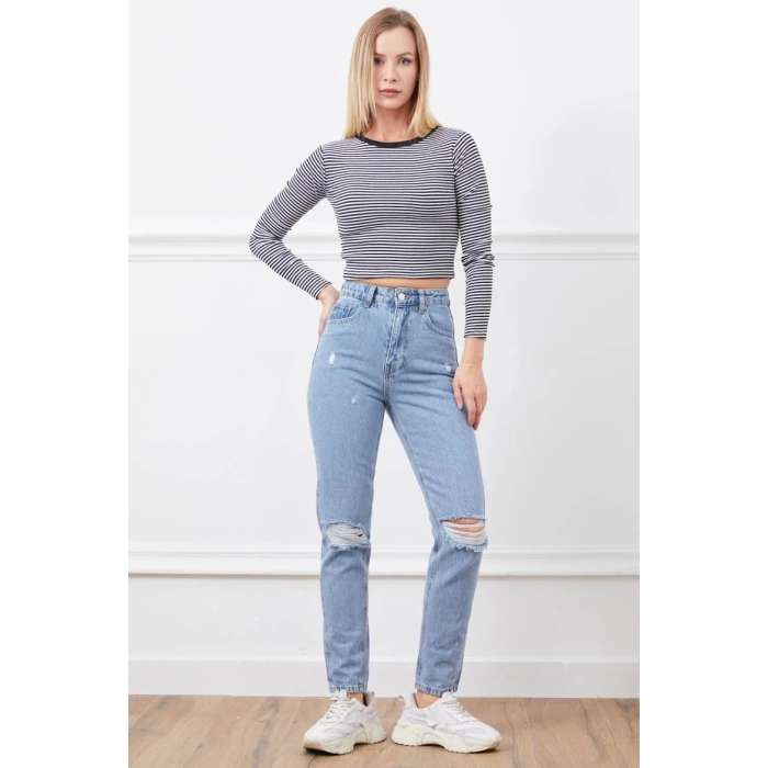 Yüksek bel yırtmaçlı mom jean pantolon