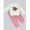 1-2-3 Yaş Mutlu Köpekcik Nakışlı Kuzu Kumaş Sweat Patili Pantolon Uzun Kollu Kız Erkek 2 Li Takımı