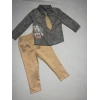 3-4-5 Yaş Kravatlı Keten Gömlek Gabardin Pantolon Uzun Kollu 3lü Erkek Çocuk Takımı