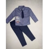 3-4-5 Yaş Kravatlı Keten Gömlek Gabardin Pantolon Uzun Kollu 3lü Erkek Çocuk Takımı