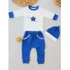 3-6 6-9 9-12 Ay Full Star Nakışlı Şapkalı Uzun Kollu Sweat 3lü Erkek Bebek Takımı