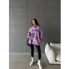 3 iplik şardonlu oversize compact true baskılı sweat mor