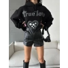3 iplik şardonlu oversize compact true baskılı sweat siyah
