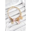 316L Çelik Pembe Zirkon Taşlı Kelebek Fiyonk Ve Kilit Model Gold Renk Charm Bileklik