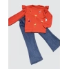 4-5-6 Yaş Kot Pantolonlu Flamingo Desenli Penye Sweat Uzun Kollu 2li Kız Çocuk Takımı