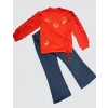 4-5-6 Yaş Kot Pantolonlu Kiraz Desenli Penye Sweat Uzun Kollu 2li Kız Çocuk Takımı