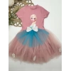 5-6-7 Yaş Elsa Desenli Fiyonklu Tül Etekli Astarlı Kısa Kollu Kız Çocuk Tütü Elbise