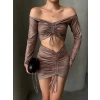 Büzgülü etek bluz takım kahve s24709