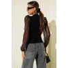 Dik yaka tül kollu bluz siyah t3066