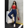 Düz Orta Kadın Mavi Slim Fit Mom pantolon