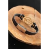 Gold Renk Elif Vav Metal Aksesuarlı Siyah Renk Deri Erkek Bileklik