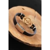 Gold Renk Metal Nabız Tasarım Siyah Renk Deri Erkek Bileklik