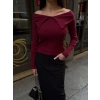 Kelebek yaka uzun kol bluz bordo