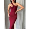 Krinkıl tek omuz uzun elbise bordo s25455