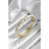 Mineli Pirinç Krem Çiçek Desenli Gold Renk Kadın Kelepçe (çap 60 mm)