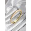 Mineli Pirinç Krem Çiçek Desenli Zirkon Taşlı Gold Renk Kadın Kelepçe (çap 60 mm)