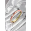 Mineli Pirinç Pembe Çiçek Desenli Gold Renk Kadın Kelepçe (çap 60 mm)