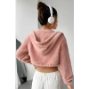 Peluş ceket kapşonlu pudra