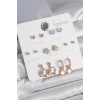 Pirinç Gold Renk Zirkon Taşlı Sallantı Halka Figür Kalp Detay 7 Çift Kadın Küpe