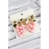 Pirinç Sallantılı Pembe Boncuklu Fiyonk Vintage Model Gold Renk Kadın Küpe