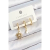 Pirinç Zirkon Taşlı Güneş Model Gold Renk 3lü Çift Kadın Küpe Set