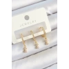 Pirinç Zirkon Taşlı Sallantılı Yıldız Model Gold Renk 3lü Çift Kadın Küpe Set