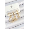 Pirinç Zirkon Taşlı Yıldız Ve Ay Model Gold Renk 3lü Çift Kadın Küpe Set