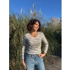 V yaka çizgili bluz beyaz A3699