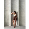 Volanlı keten şort kahve s255058