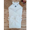 Yenidoğan Beyaz Wool Yün Kumaş Ayıcık Kulaklı Kundak Bebek Battaniyesi