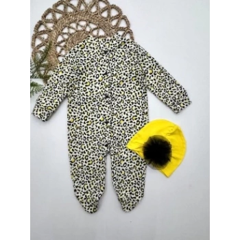 0-3-6-9 Ay Leopar Baskılı Tam Boy Çıtçıtlı Patikli Güllü Boneli Kız Bebek Tulumu