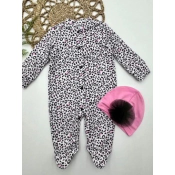 0-3-6-9 Ay Leopar Baskılı Tam Boy Çıtçıtlı Patikli Güllü Boneli Kız Bebek Tulumu