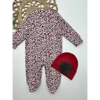0-3-6-9 Ay Leopar Baskılı Tam Boy Çıtçıtlı Patikli Güllü Boneli Kız Bebek Tulumu