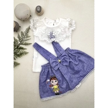 1-2-3 Yaş Bayan Arı Nakışlı Kot Desenli Etek Pamuklu Kumaş 2li Kız Bebek Salopet Takımı