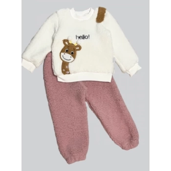 1-2-3 Yaş Hello Zürafa Nakışlı Kuzu Kumaş Sweat Pantolon Uzun Kollu Kız Erkek 2 Li Takımı