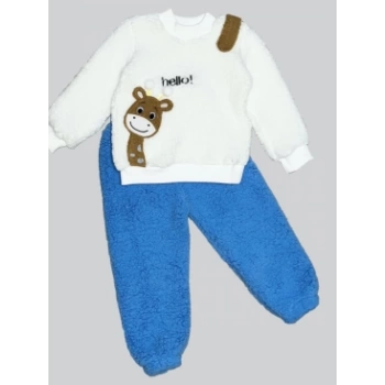 1-2-3 Yaş Hello Zürafa Nakışlı Kuzu Kumaş Sweat Pantolon Uzun Kollu Kız Erkek 2 Li Takımı