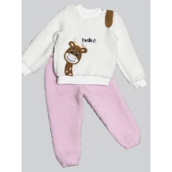 1-2-3 Yaş Hello Zürafa Nakışlı Kuzu Kumaş Sweat Pantolon Uzun Kollu Kız Erkek 2 Li Takımı