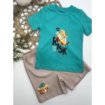 1-2-3 Yaş Kaykaycı Ayı Baskılı Şortlu Kısa Kollu Tişört 2li Erkek Bebek Takımı