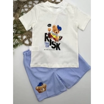 1-2-3 Yaş Kaykaycı Ayı Baskılı Şortlu Kısa Kollu Tişört 2li Erkek Bebek Takımı