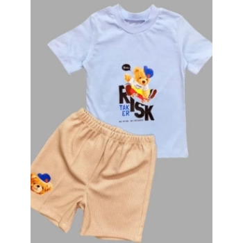 1-2-3 Yaş Kaykaycı Ayı Baskılı Şortlu Kısa Kollu Tişört 2li Erkek Bebek Takımı