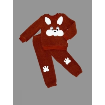 1-2-3 Yaş Kulaklı Tavşan Figürlü Kuzu Kumaş Sweat Pantolon Uzun Kollu Kız Erkek 2 Li Takımı