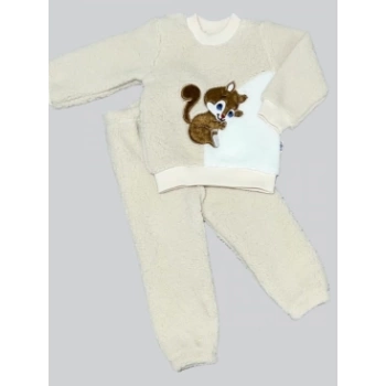 1-2-3 Yaş Masum Yavru Sincap Nakışlı Kuzu Kumaş Sweat Pantolon 2li Kız Erkek Bebek Takımı
