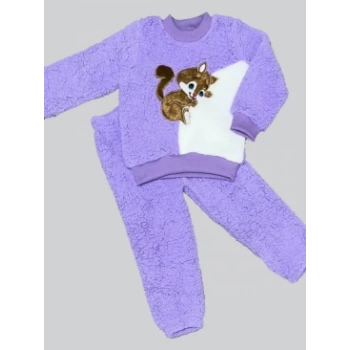 1-2-3 Yaş Masum Yavru Sincap Nakışlı Kuzu Kumaş Sweat Pantolon 2li Kız Erkek Bebek Takımı