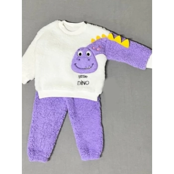 1-2-3 Yaş Minik Dino Kollu Kuzu Kumaş Sweat Pantolon Uzun Kollu Kız Erkek 2 Li Takımı