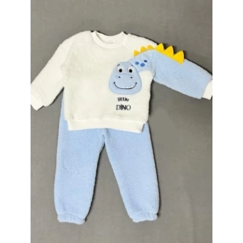 1-2-3 Yaş Minik Dino Kollu Kuzu Kumaş Sweat Pantolon Uzun Kollu Kız Erkek 2 Li Takımı