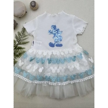 1-2-3 Yaş Payetli Mickey Baskılı Brode Etekli Kız Bebek Elbisesi