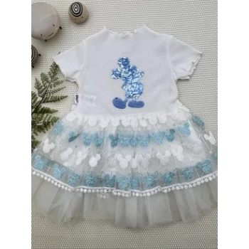 1-2-3 Yaş Payetli Mickey Baskılı Brode Etekli Kız Bebek Elbisesi