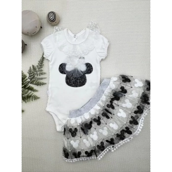 1-2-3 Yaş Payetli Mickey Nakışlı  Kısa Kollu Brode Etekli 2li Kız Bebek Takımı
